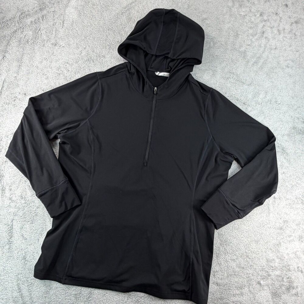 Fabletics Womens 1X Black Hooded Pullover Athletic Top 1/4 Zip Back Pocket